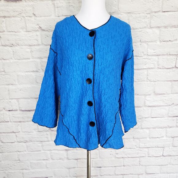 Habitat Sky Blue Textured Cotton Jacket Black Trim Button Front Size S - Picture 1 of 10
